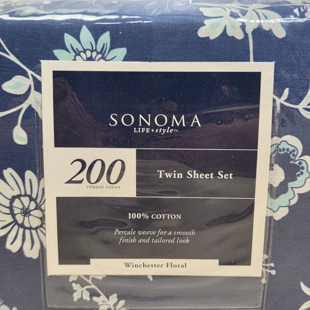 Sonoma Life Style Twin Sheet Set 200TC Cotton Winchester Floral Navy Blue 3pc - Picture 3 of 5